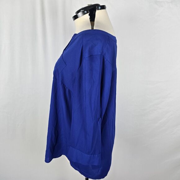 Torrid Blouse Women's 2X Blue V-Neck 1/4 Button Up Long Roll Tab Sleeves Ruffle - Picture 13 of 15